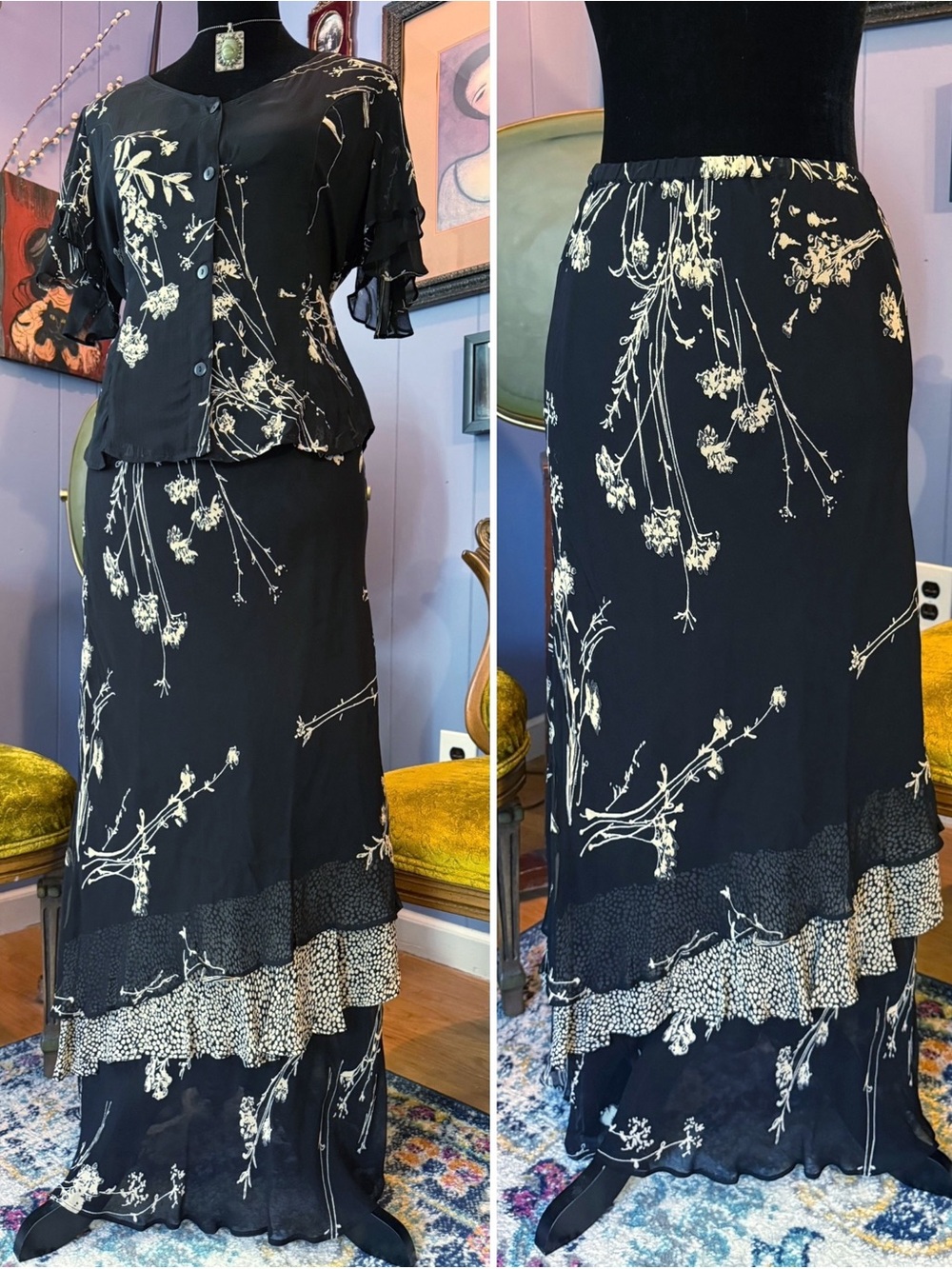 Vtg 90s Phool 2Pcs Floral Whimsigoth Witchy Grunge Goth Maxi Skirt And Blouse